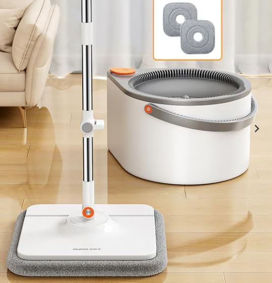 MOPALL Spin Mop and Bucket Set, Dual Chambers Dirty and Clean Water Self Separation for Floor Wall Window, Wet and Dry Mop and Bucket with Wringer Set for Home (1 Square Mop with 2 Microfiber Pads)