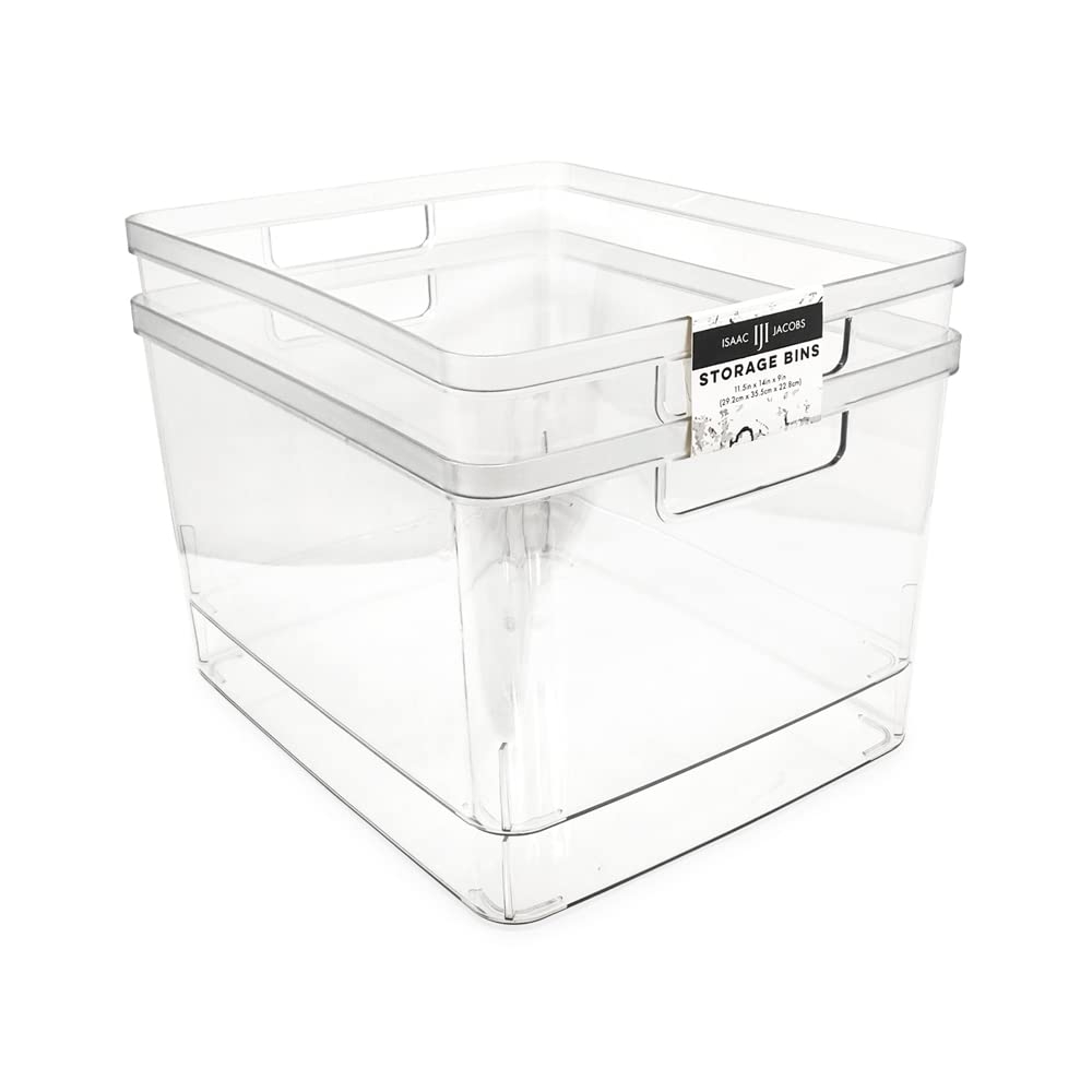 Isaac Jacobs 2-Pack Extra-Large Clear Storage Bins (11.5” L x 14” W x 9” H) w/Cutout Handles, Plastic Organizer for Home, for Kitchen, Fridge, Pantry, BPA Free, Food Safe (2-Pack, Extra-Large)