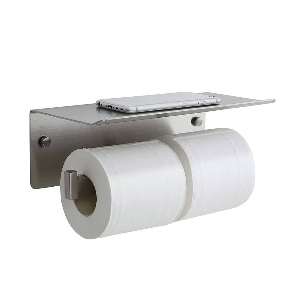 Double Toilet Paper Holder with Shelf,Idealmax Toilet Paper Holder Brushed Nickel,Large Commercial Toilet Paper Dispenser Phone Shelf, Wall Mounted Tissue Roll for Bathroom, Stainless Steel