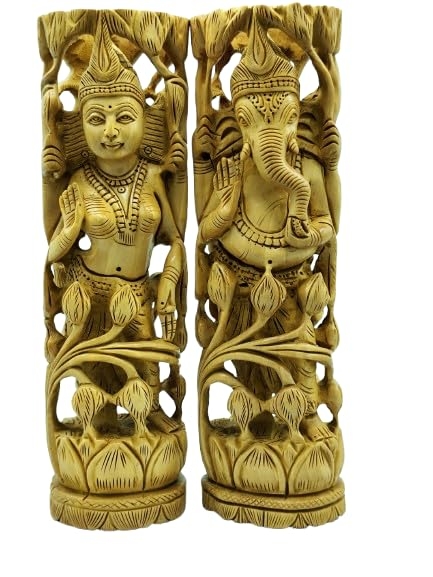 Kadam Kala Hand Carved Wooden Lakshmi Ganesh Idol Set, Handcrafted Hindu God & Goddess Statues for Worship, Home Temple, Spiritual Decor, Traditional Indian Murti, Office Desk Decorative Showpiece