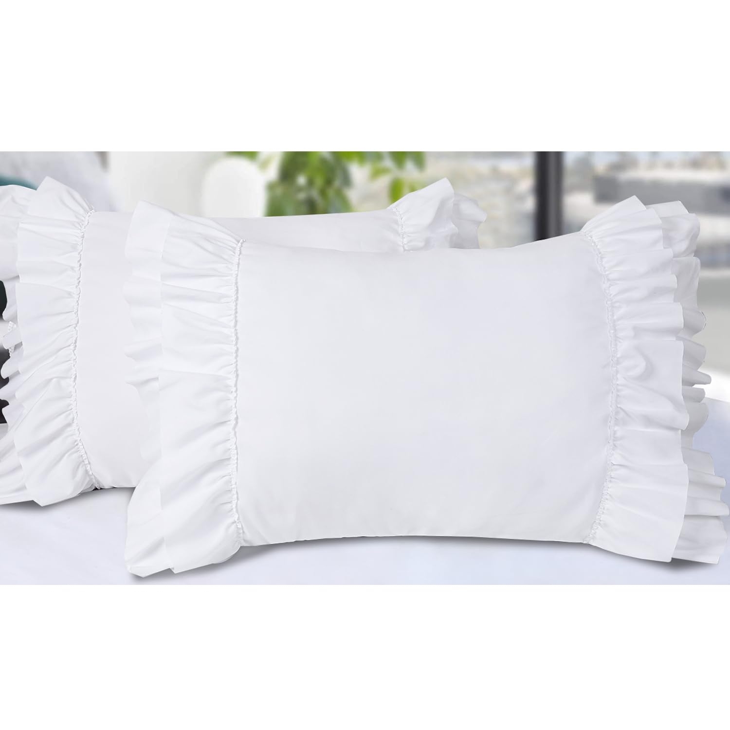 HIG Pack of 2 Farmhouse Ruffle Pillow Shams, Standard Size White French Country Style Vintage Pillowcases with Handcraft Ruffle, Boho Frilly Pillow Shams for Bedroom, Microfiber, 20" X 26" (Emory)