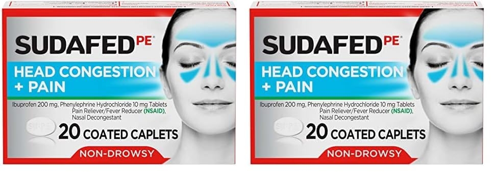 Sudafed PE Head Congestion + Pain Relief Caplets Ibuprofen Phenylephrine HCl, 20 Count (Pack of 2)