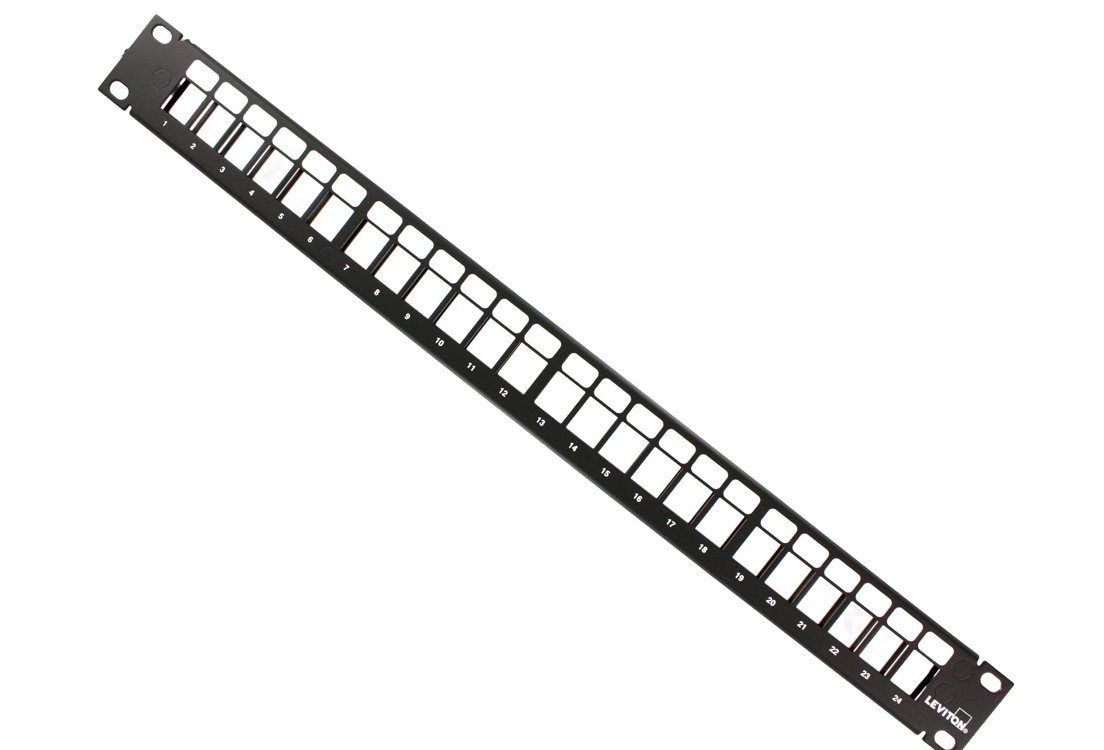 Leviton 49255-H24 QuickPort Patch Panel, 24-Port, 1RU, Cable Management Bar Included , Black