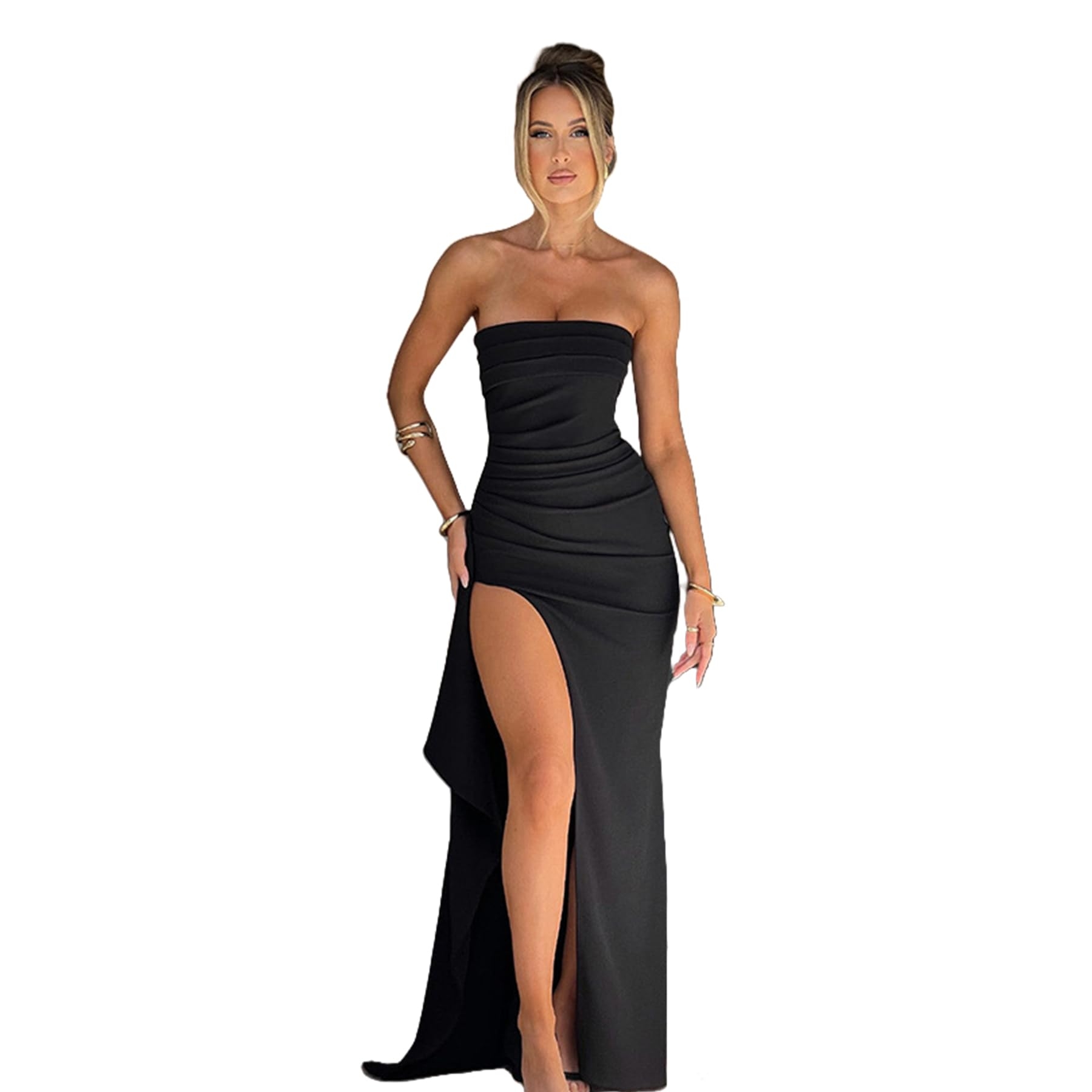 Women's Sexy Strapless Backless High Split Long Maxi Dress Ruched Off Shoulder Sleeveless Bodycon Party Cocktail Dresses