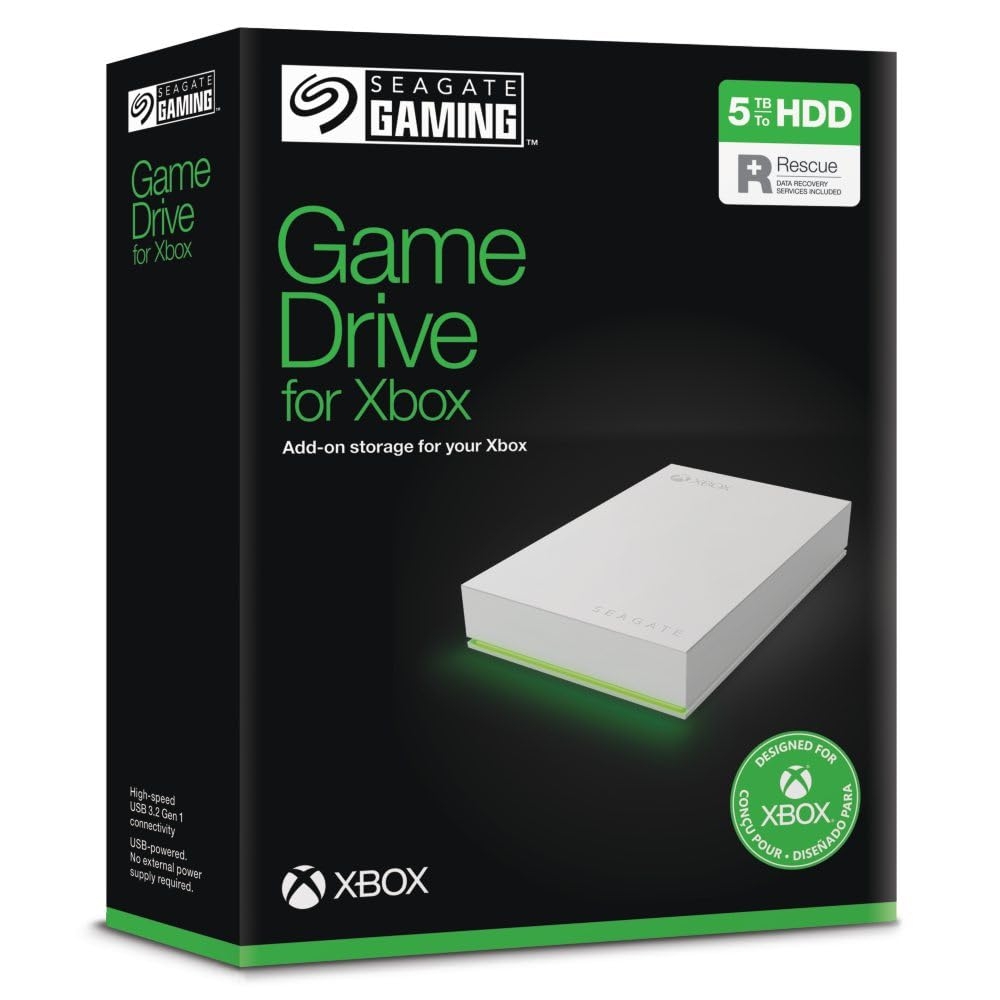 Seagate Game Drive voor Xbox 5TB, Externe harde schijf, USB 3.2 Gen 1, Xbox-gecertificeerd, RGB-ledverlichting, Wit, Data Rescue Service (STKX5000100)