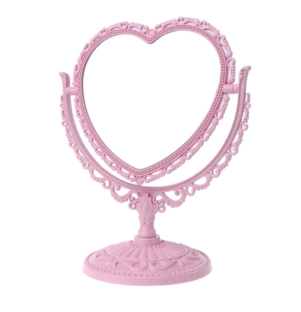 AKOAK 1 Pack Simple and Lovely Heart-Shaped Cosmetic Mirror Plastic Double-Sided Rotatable Dresser Mirror Lightweight Portable Bathroom Bedroom Mirror （Four-Color）(Pink)