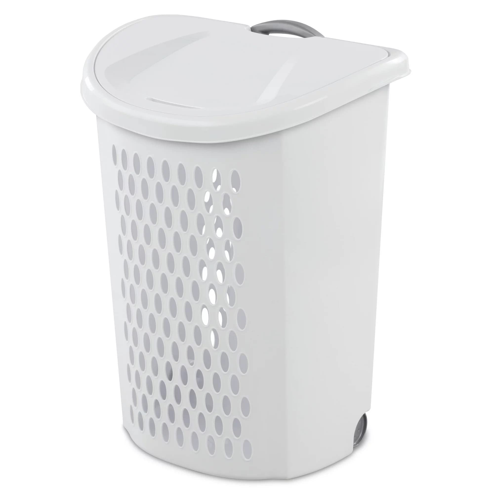 Ultra Wheeled Design Clothes Laundry Basket, Mind Reader Basket Collection，135 Liter （20 1/8" x 15 3/8" x 26 3/4"）Capacity, Laundry Hamper White Lid & Base w/Plastic Handle & Wheels