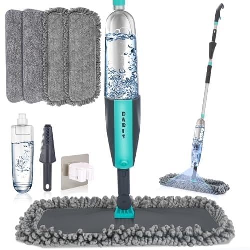 Microfiber Spray Mop for Floor Cleaning Wet Dry, Home Kitchen Hardwood Floor 360° Spin Flat Dust Mops with 12 FL.OZ. Refillable Bottle Include 4 Microfiber Reusable Pads 1 Scrubber and 1 Mop Holder