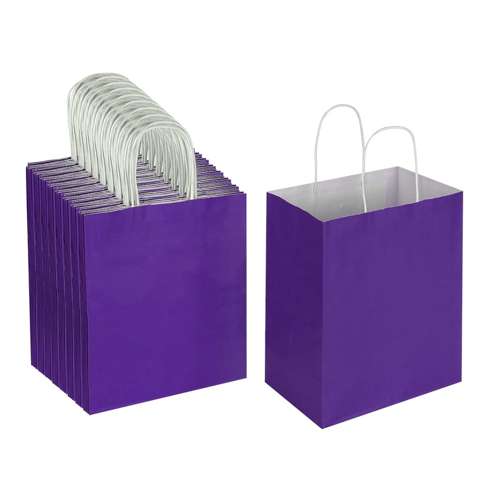 Oikss 100 Pack 8x4.75x10 Inch Medium Purple Kraft Paper Bags with Handles Bulk for Birthday Wedding Party Favors Grocery Retail Shopping Business Takeout Goody Craft Gift Bags Sacks, (100pcs Count)