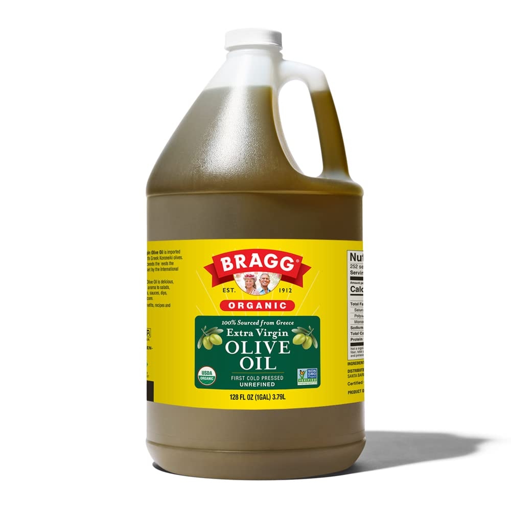 Bragg Organic Extra Virgin Olive Oil – Made with Greek Koroneiki Olives – Cold Pressed EVOO for Marinades & Vinaigrettes – USDA Certified, Non-GMO, Kosher (128 Ounce)