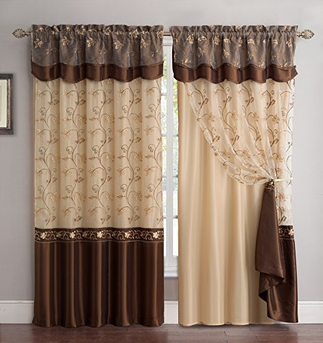 Fancy Collection Embroidery Curtain Set 2 Panel Drapes with Backing & Valance New (110"x 84", Brown)