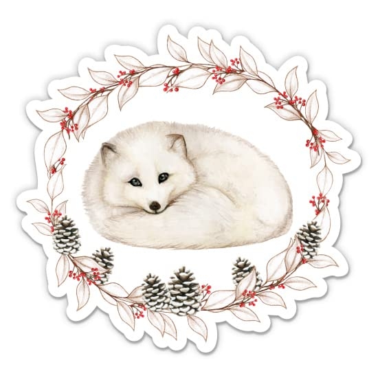 Arctic Fox Pretty Floral Winter - 3" Vinyl Sticker - for Car Laptop Water Bottle Phone - Waterproof Decal