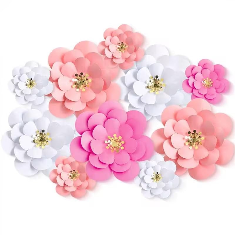 Mooliwe 10 Set Mexican Paper Flowers Decorations for Wall DIY Fiesta Bulletin Board 3D Handcrafted Paper Flowers Backdrop Decoration for Mexican and Holiday Party(Pink White)