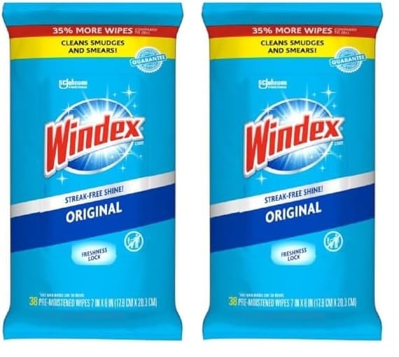 Windex Glass and Surface Pre-Moistened Wipes, Original, 38 Count (Pack of 2)