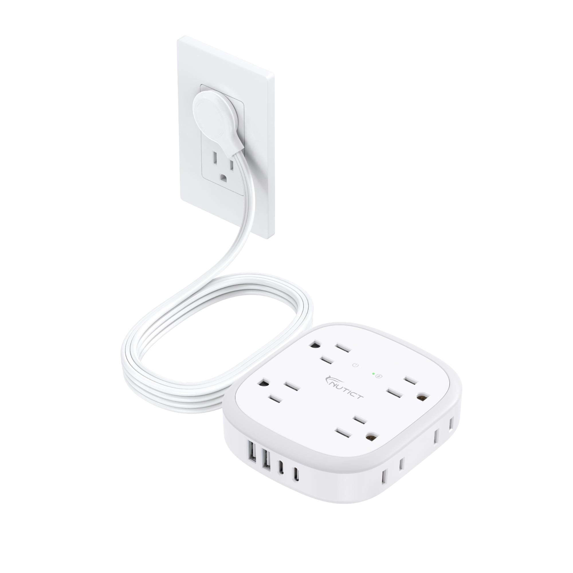NUTICT Power Strip with USB C, Flat Plug Surge Protector, 8 Widely-Spaced Outlets & 4 USB (2 USB C), 5ft Extension Cord with Multiple Outlets, Travel Power Strip, 1700J, Compact for Home Office