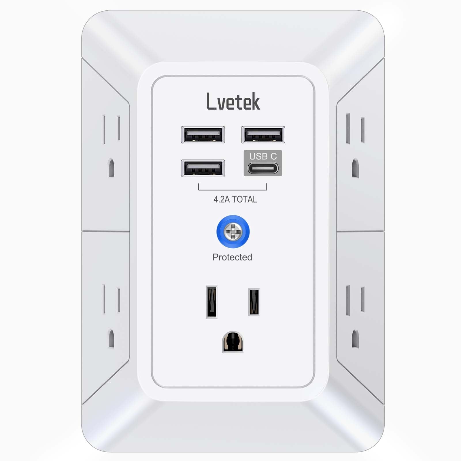 Lvetek 5 Outlet Extender Multi Plug Wall Outlets with 4 USB Charging Ports (1 USB C Outlet), 3 Sided 1680J Surge Protector Power Strip USB Wall Charger for Home, Office, Travel, ETL Listed, White