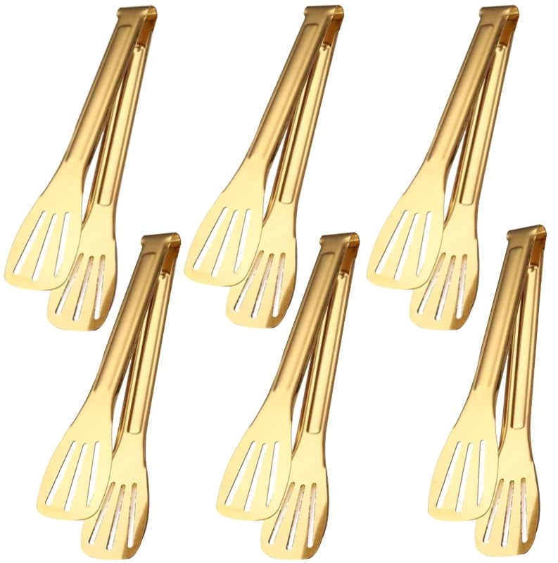 6 Pack Serving Tongs Kitchen Tong, 7 Inch Gold Buffet Tongs, Stainless Steel Food Tong Small Tong, Serving Tong for Buffet, Party, Salad, Appetizers