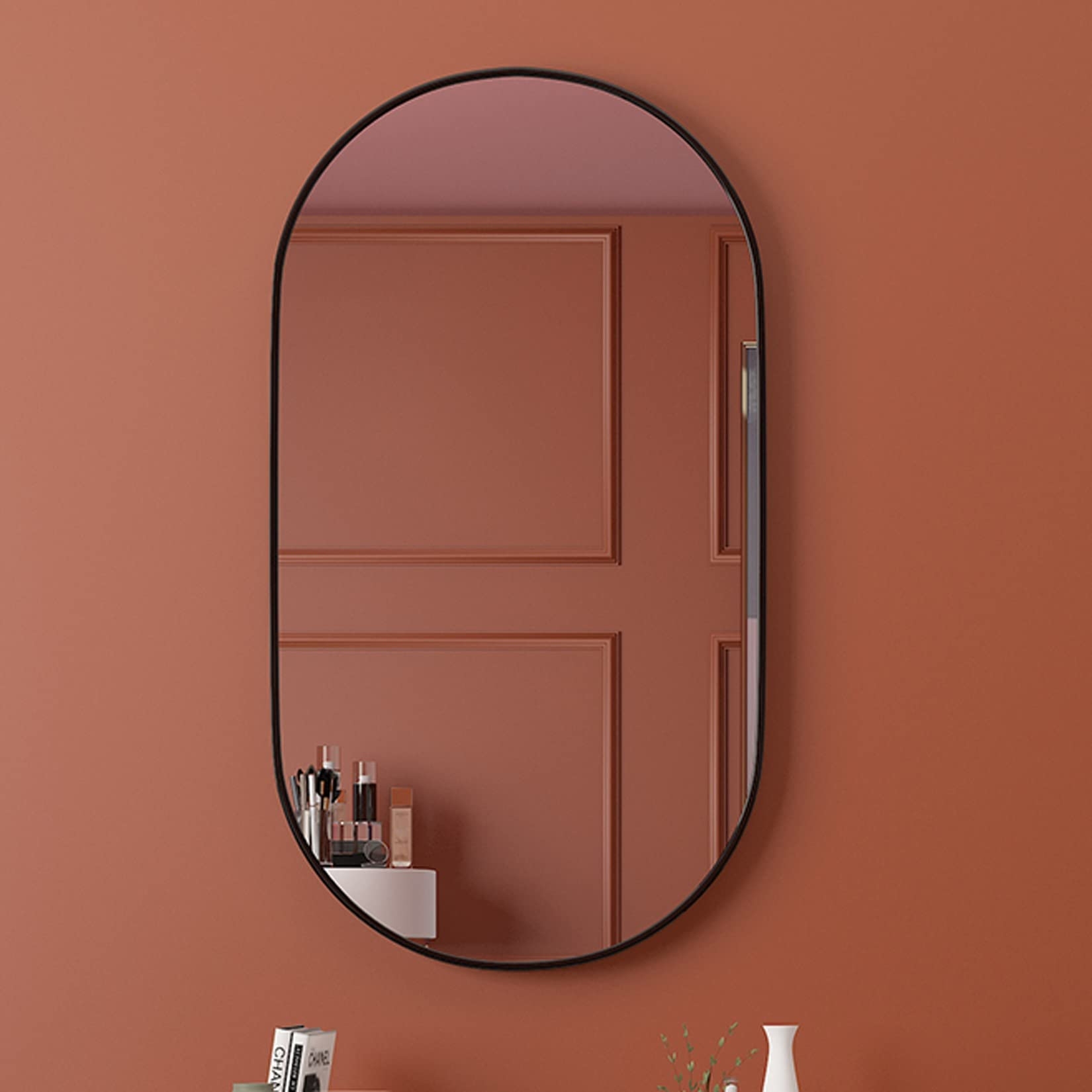 Oval Wall-Mounted Mirrors, Metal Frame Makeup Shaving Bathroom Mirrors, Modern Hanging Vanity Mirror for Bedroom, Living Room and Entryway (Color : Black, Size : 40x70cm)