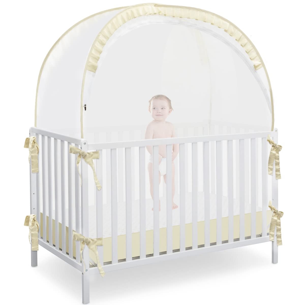 L RUNNZER Baby Safety Crib Tent, Pop Up Canopy for Crib to Stop Baby from Climbing Out, Infant Mesh Cover Mosquito Net with Sturdy Frame & Soft Mesh, Beige, (R07-beige)