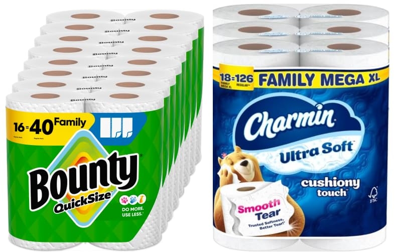 Bounty Quick-Size Paper Towels, White, 16 Family Rolls = 40 Regular Rolls, Charmin Ultra Soft Cushiony Touch Toilet Paper, 18 Family Mega XL Rolls = 126 Regular Rolls