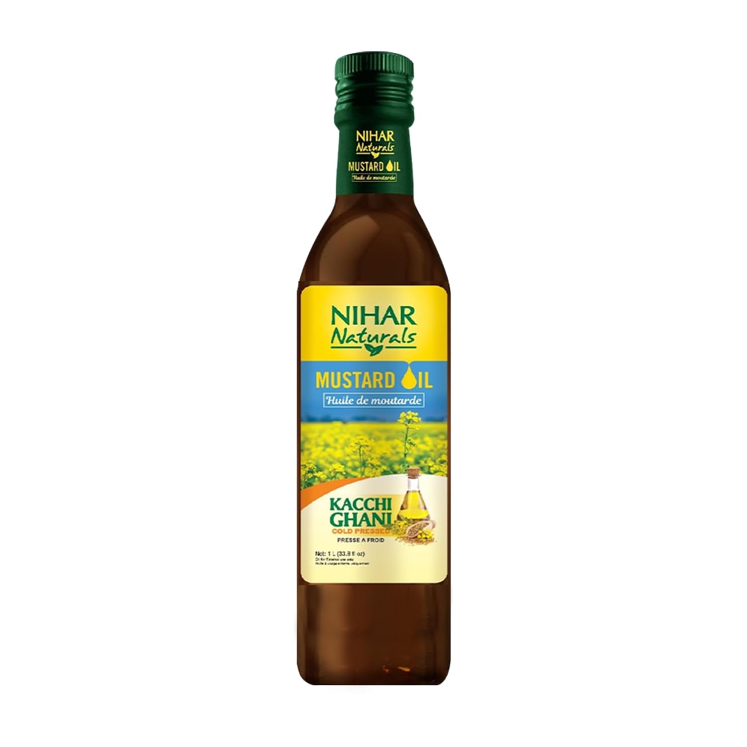 Nihar Naturals Kacchi Ghani Mustard Oil| Cold Pressed| 100% Pure Mustard Oil| For Skin, Hair Care & Body Massage| Enriched with Omega 3 & Natural Anti-Oxidants| Unrefined Mustard Oil| 33.8 Fl.oz.