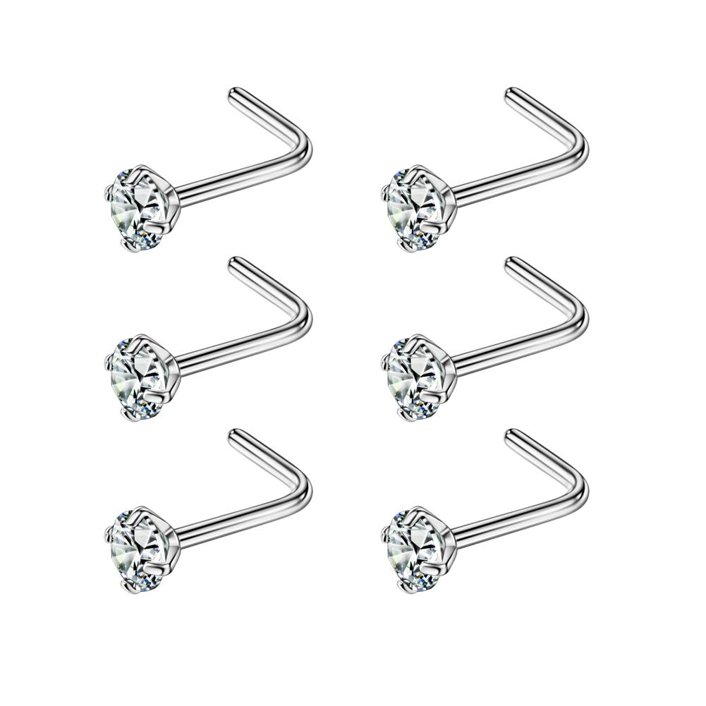 FANSING Nose Studs for Women Men L Shaped Nose Rings Surgical Steel Nostril Piercing Jewelry with Cubic Zirconia End