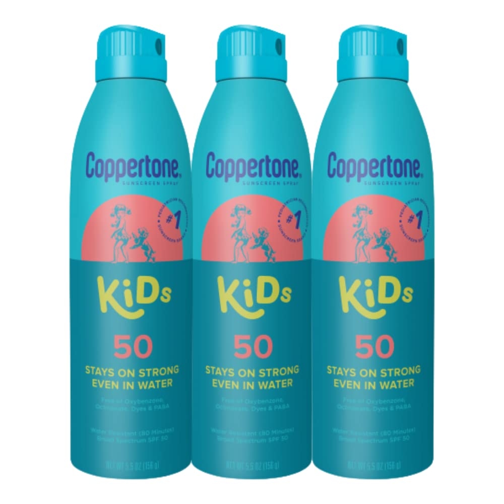 Coppertone Kids Sunscreen Spray SPF 50, Water Resistant Spray on Sunscreen for Kids, Pediatrician Recommended, 5.5 Oz Can, Pack of 3