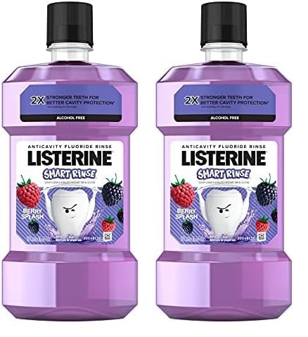 Listerine Smart Rinse Kids Alcohol-Free Anticavity Fluoride Mouthwash for Cavity Protection, Berry Splash Flavor, 500 mL (Pack of 2), Purple