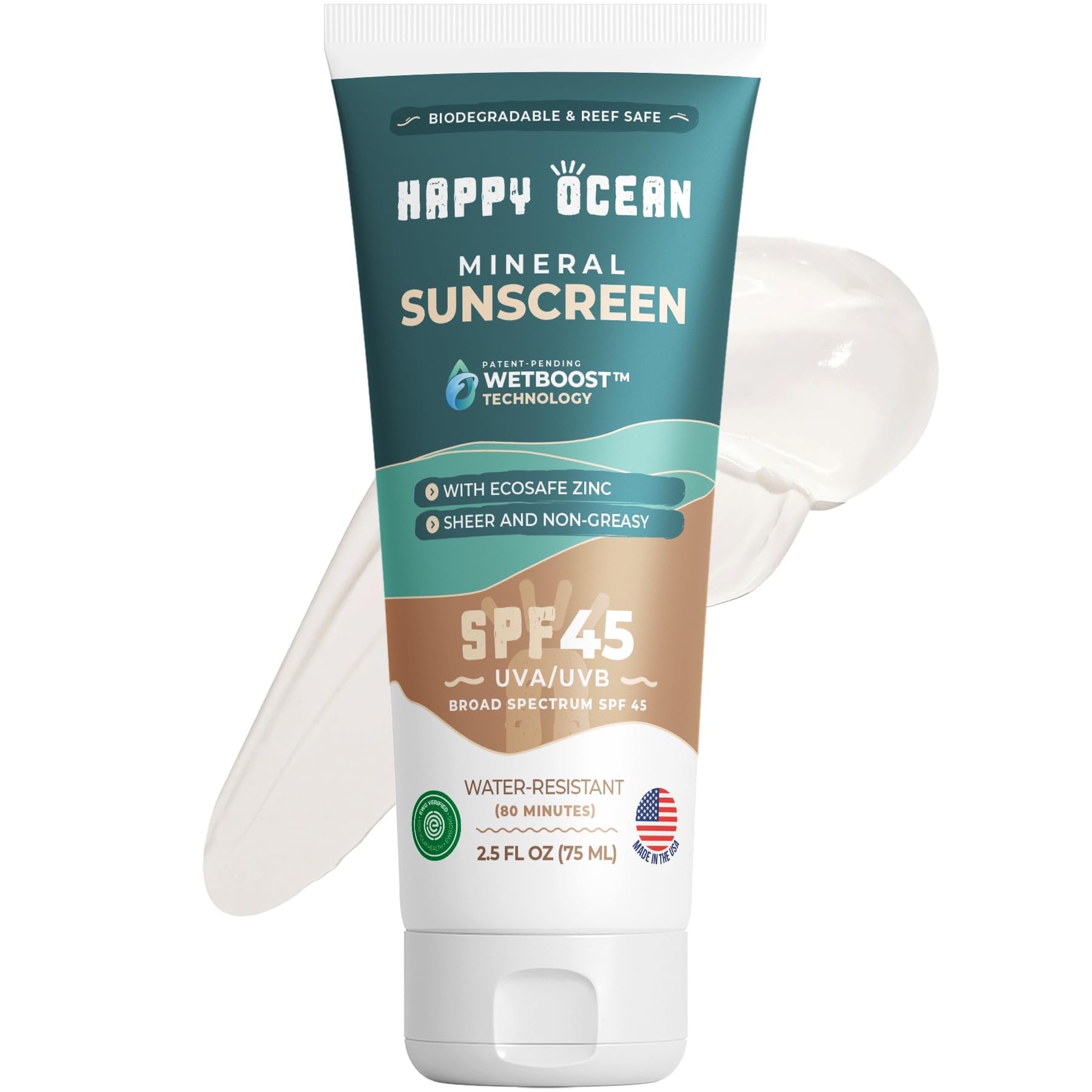 Happy Ocean SPF 45 Biodegradable Reef Safe Sunscreen for Face & Body, Non-Nano Zinc Oxide, Natural Fragrance Free Non Toxic Organic Mineral Sunscreen, Travel Size Reef Friendly Mineral Based 2.5 Fl Oz