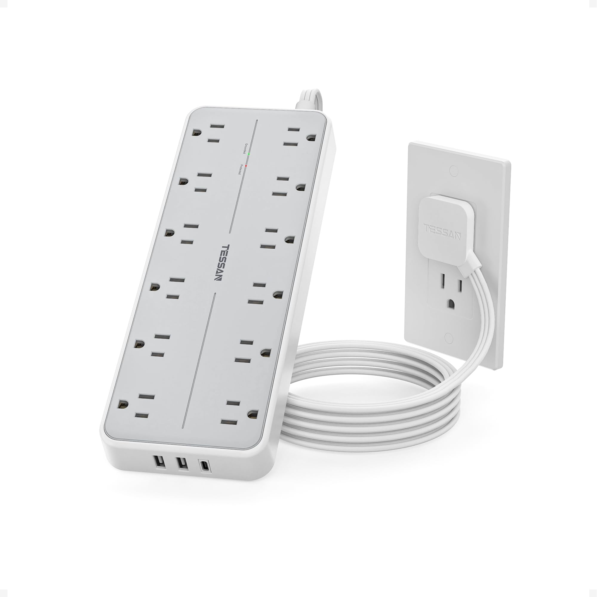 Surge Protector Power Strip, TESSAN Extension Cord with Multiple Outlets, 12 AC Outlets, 3 USB Ports(1 USB C), Flat Wall Plug, 5 Ft, 1700 Joules Protection for Home Office Dorm Room Essentials