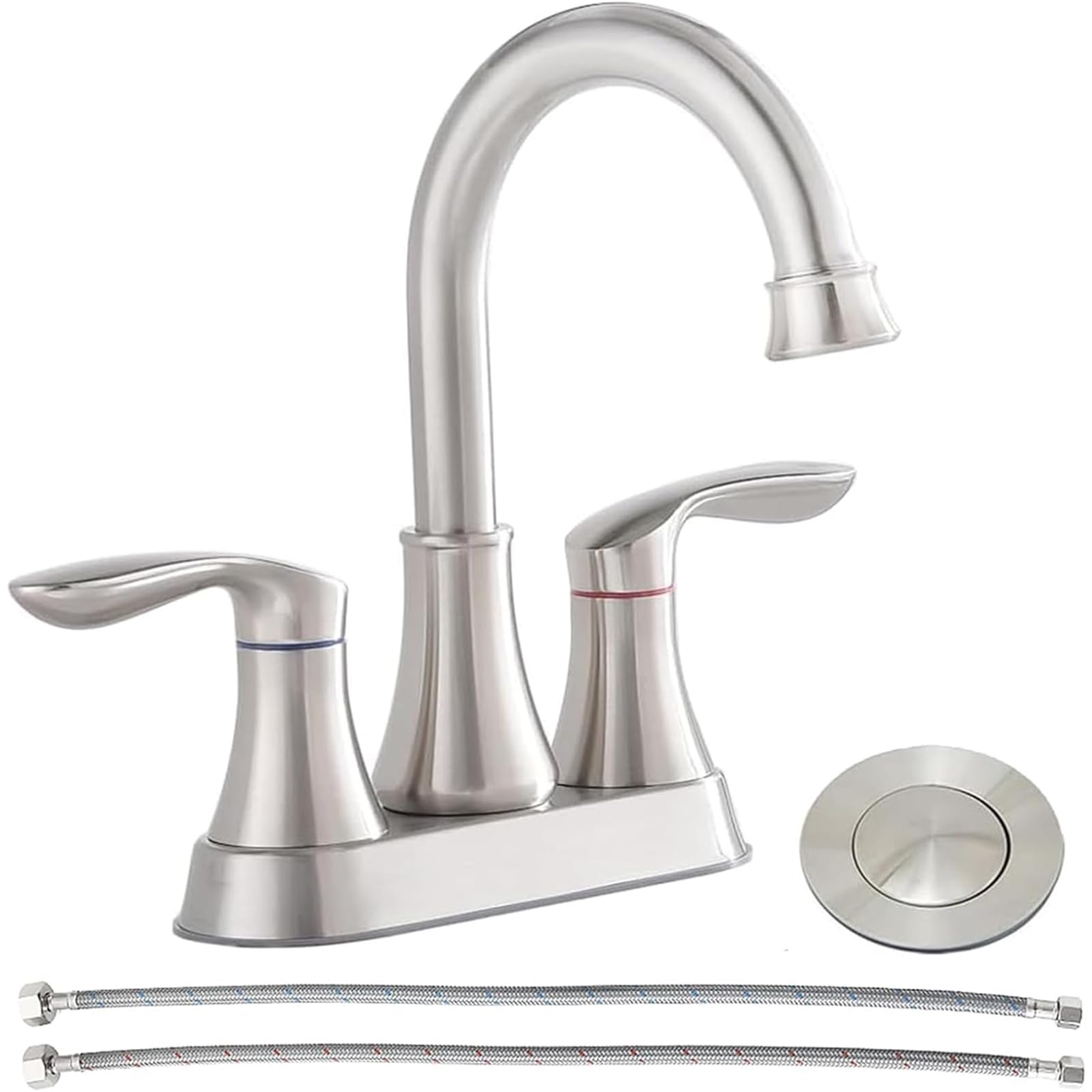 Friho Brushed Nickel Bathroom Faucet, Centerset Lead-Free Modern Commercial 2-Handle RV Bathroom Sink Faucet, 3 Hole 4 inch Bath Faucet with Drain Stopper and Water Hosess