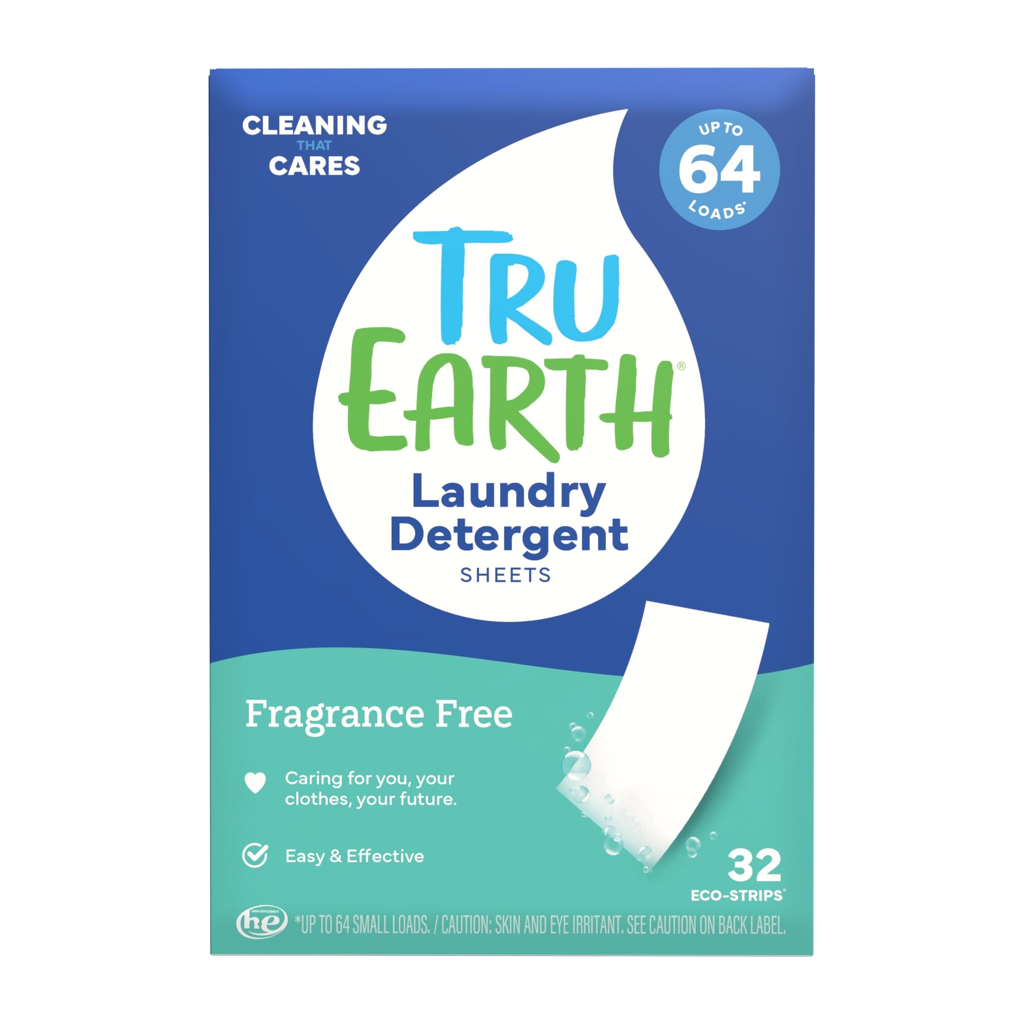 Tru Earth Hypoallergenic, Eco-friendly & Biodegradable Plastic-Free Laundry Detergent Sheets/Eco-Strips for Sensitive Skin, 32 Count (Up to 64 Loads), Fragrance-Free