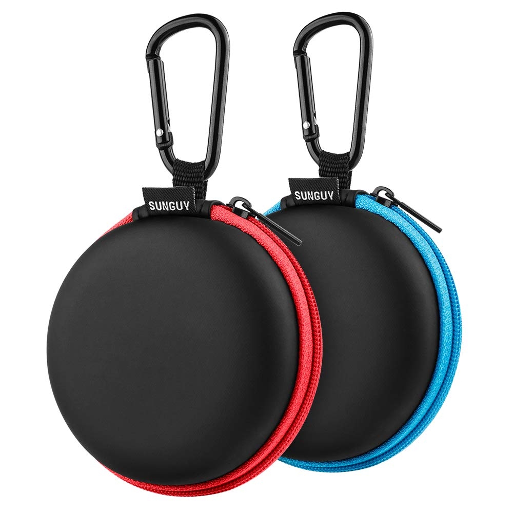 SUNGUY [2-Pack] Earbuds Case, Small Round Pocket Earbud Travel Carrying Case Pouch with Carabiners for Earbuds, Headsets, in-Ear Headphones, Hearing Aids, USB Cable and More (Red + Blue)