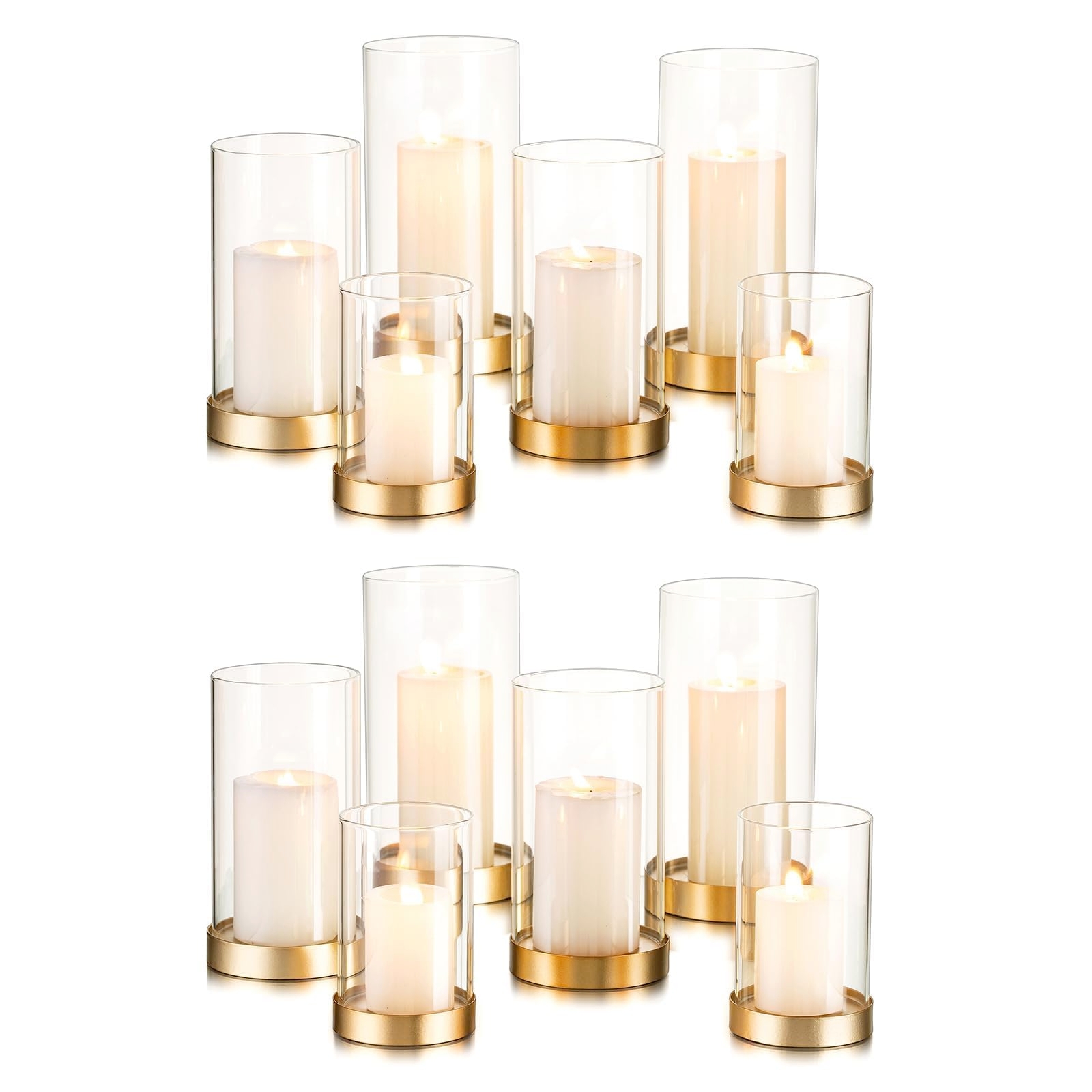 Hewory Hurricane Candle Holder for Pillar Candles: Gold Votive Candle Holders Set of 12, Glass Hurricane with Metal Candle Plate, Pillar Candle Holder for Table Centerpiece Wedding Holiday Home Decor