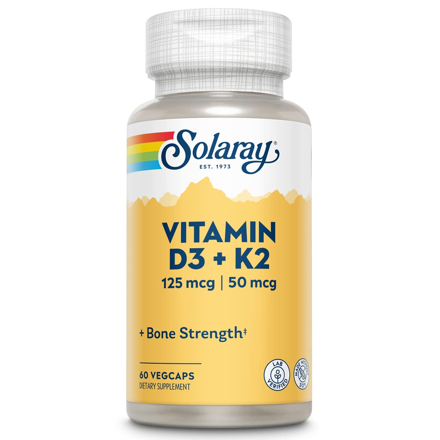 SOLARAY Vitamin D3 K2, K2 D3 Vitamin Supplement for Calcium Absorption, Bone Strength, Cardiovascular & Immune Function Support, Made Without Soy, 60-Day Guarantee, 60 Servings, 60 VegCaps