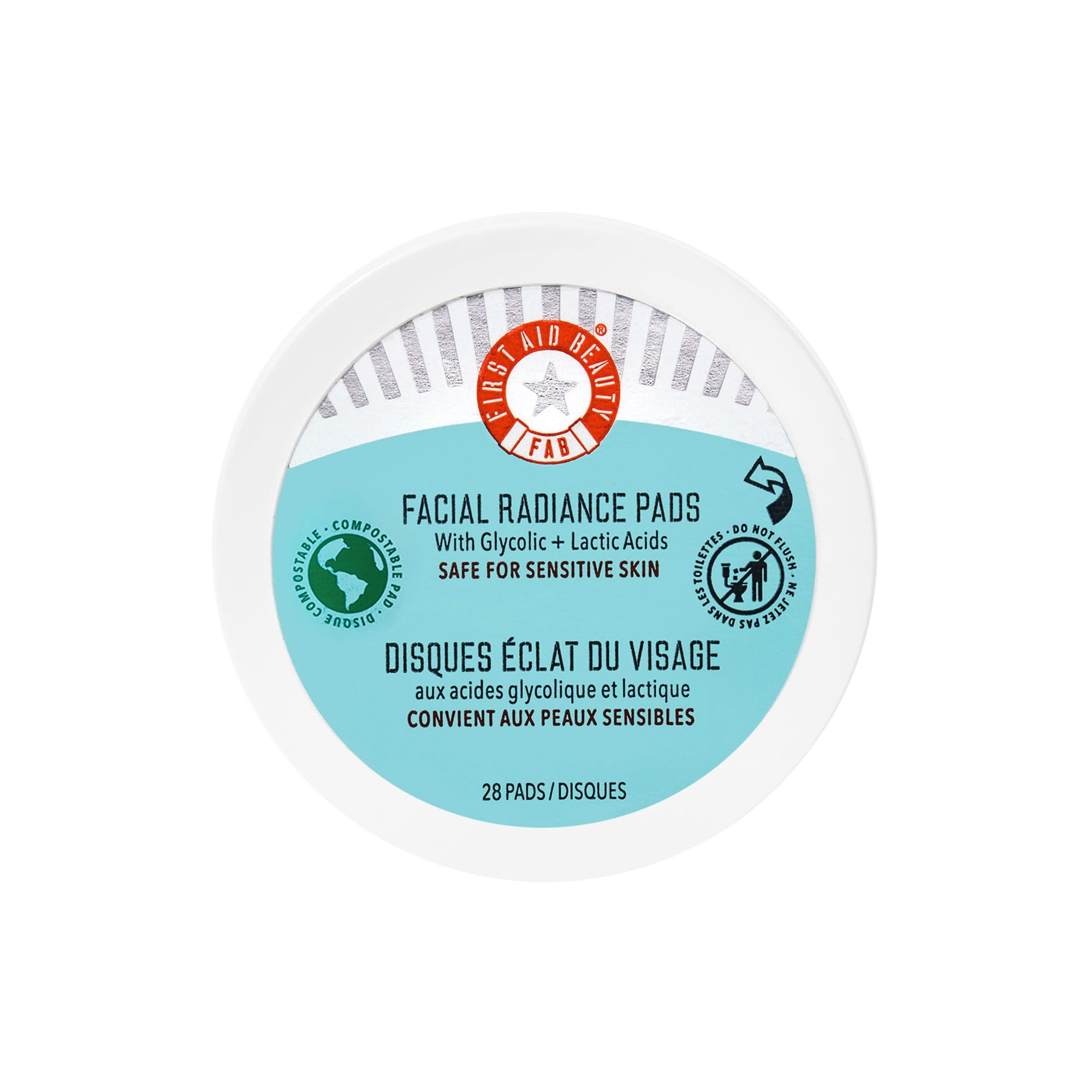 First Aid Beauty - Facial Radiance Pads with Gycloic & Lactic Acids – Daily Exfoliating Pads with AHA that Help Tone & Brighten Skin – Makeup Routine Prep - Compostable for Daily Use – 28 Count