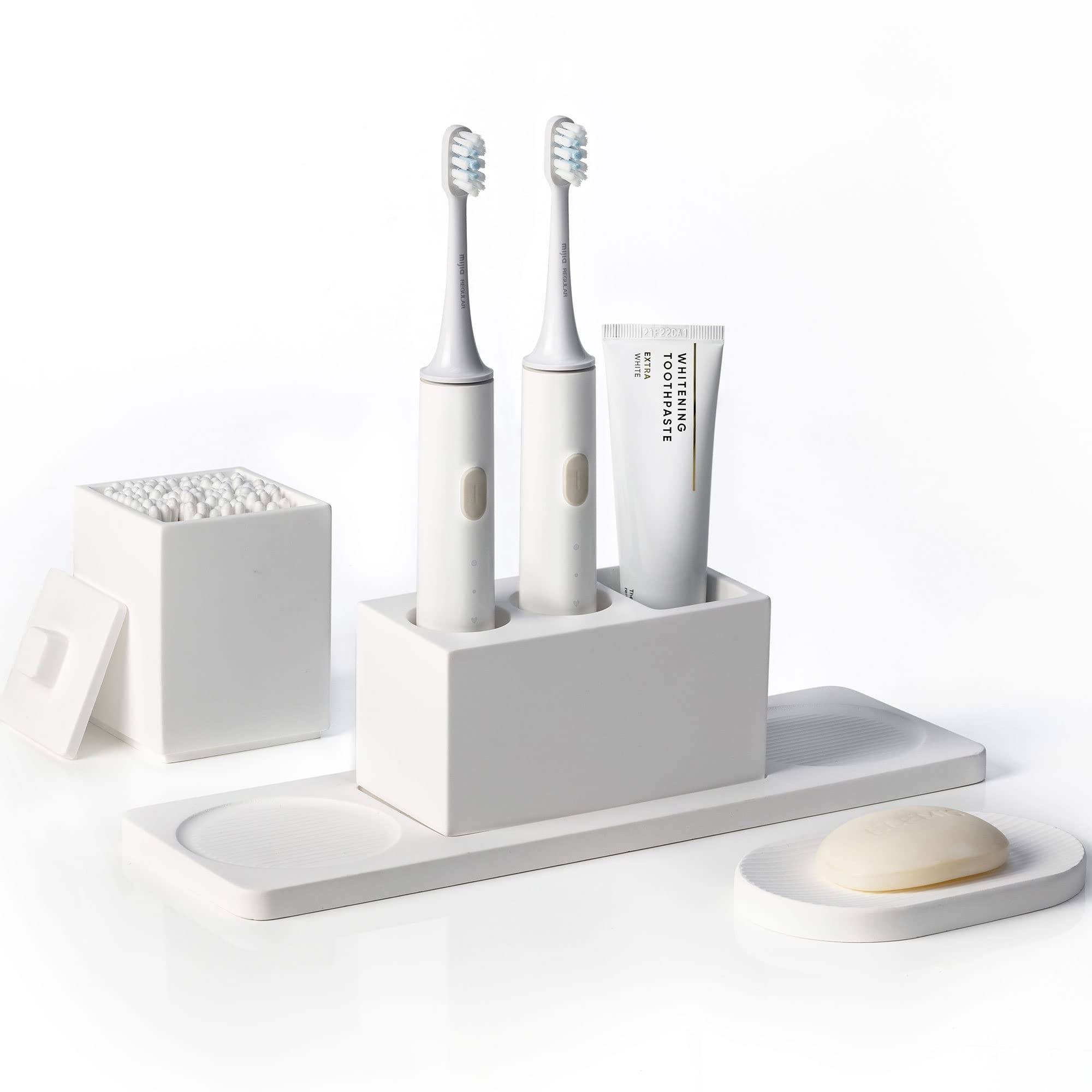 AUSAULAC Ceramic Toothbrush Holders for Bathrooms, White Bathroom Accessories Diatomite, Electric Toothbrush Holder Countertop with Toothbrush Holders, Soap Dish Set