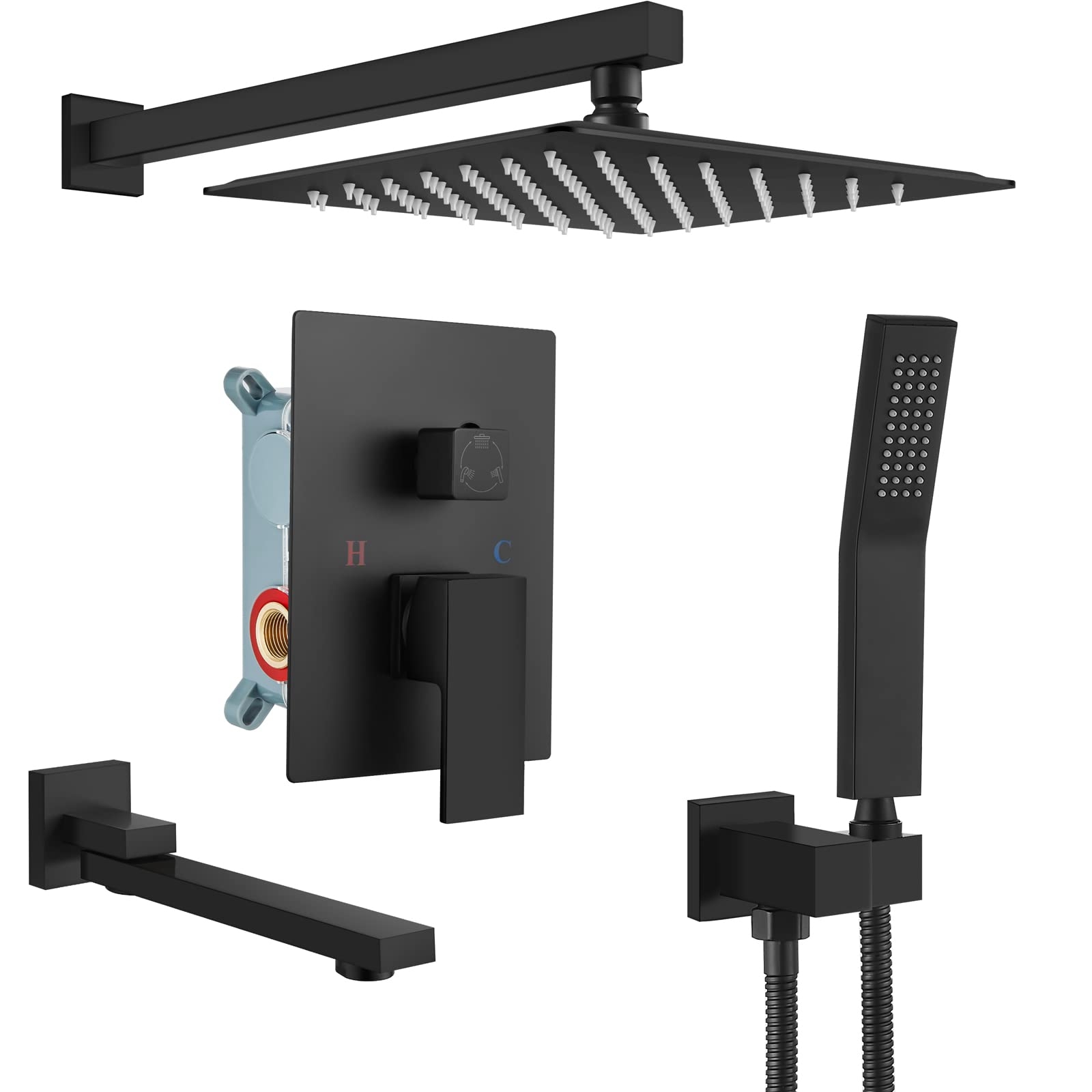 gotonovo Matte Black Shower Faucet Wall Mount Triple Function Bathroom Shower System with Tub Spout High Pressure Square 12 inch Rain Showerhead Hand Shower Rough-In Valve and Trim Included