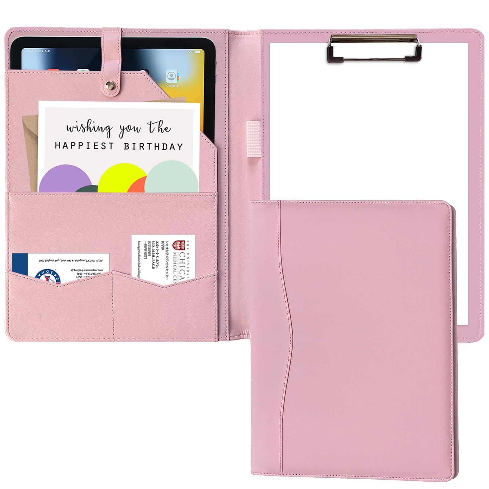 Portfolio Folder Padfolio with A4 Clipboard, PU Leather Portfolio Clipboard Business Binder Writing Clip Board Organizer for Legal Documents Business Card Men Women Pink