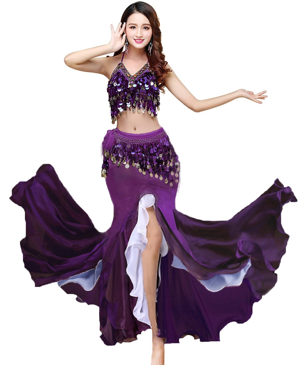 ORIDOOR Women's Belly Dance Dress Belly Crop Top Bra Top and Belt Chiffon Dancing Split Skirt Costume 3-Piece Outfit