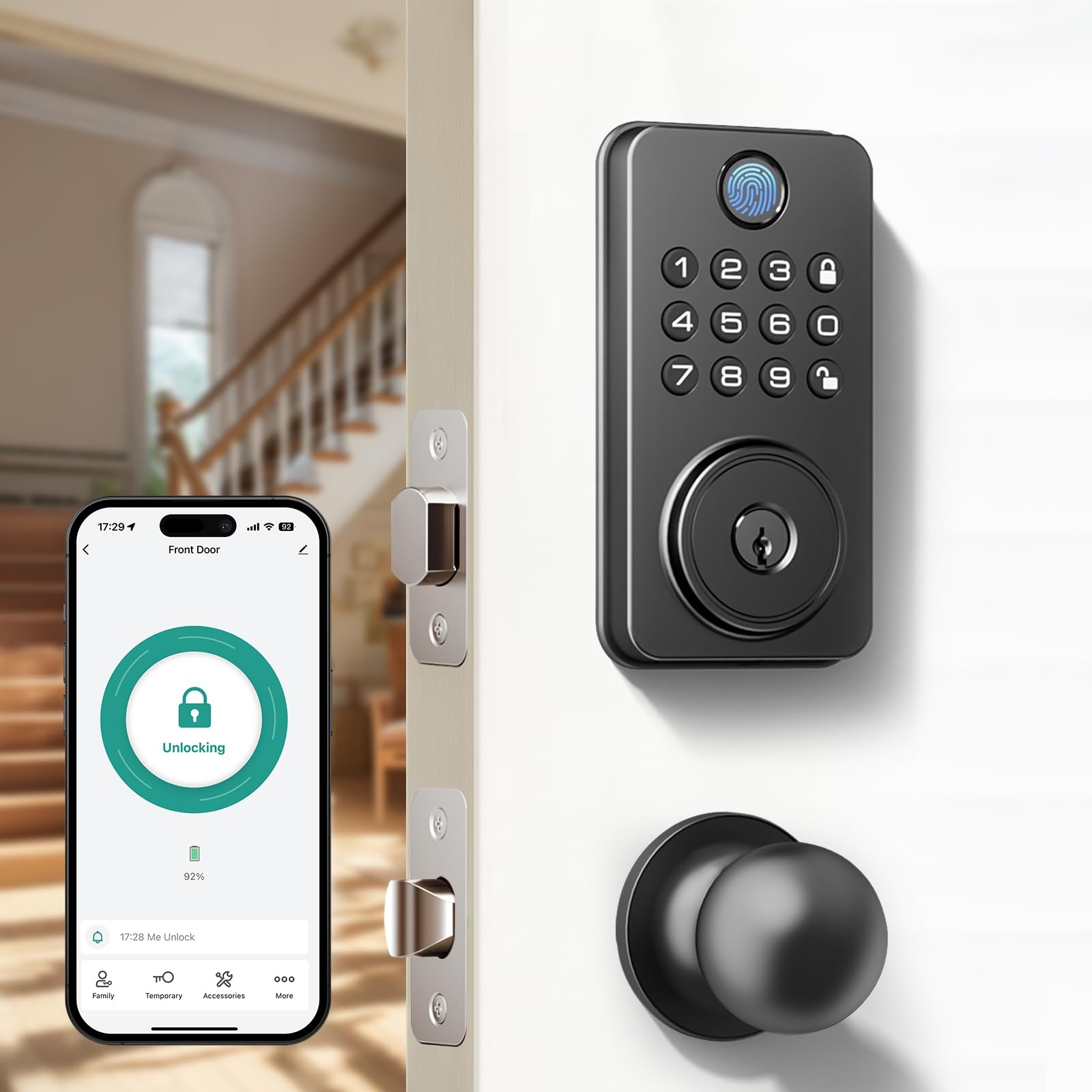 NBBX Fingerprint Door Lock with Knobs, Keyless Entry Deadbolt with Auto Lock, Keypad and App Support for Front Door and Bedroom, Easy to Install – N201