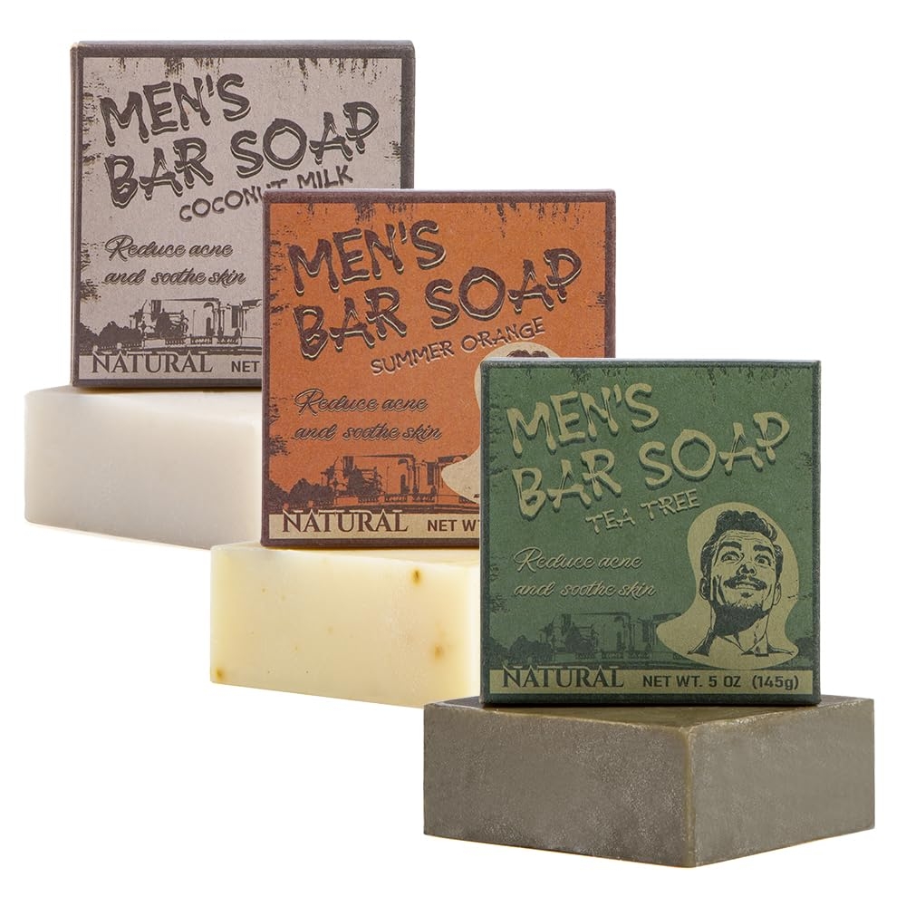 SKIRIFINE Natural Bar Soap for Men - 5oz x 3 Bars Variety Pack, Men's Bar Soap Made from Natural Oils, Acne Relief & Skin Cleansing - Australian Tea Tree, Summer Orange, Coconut Milk