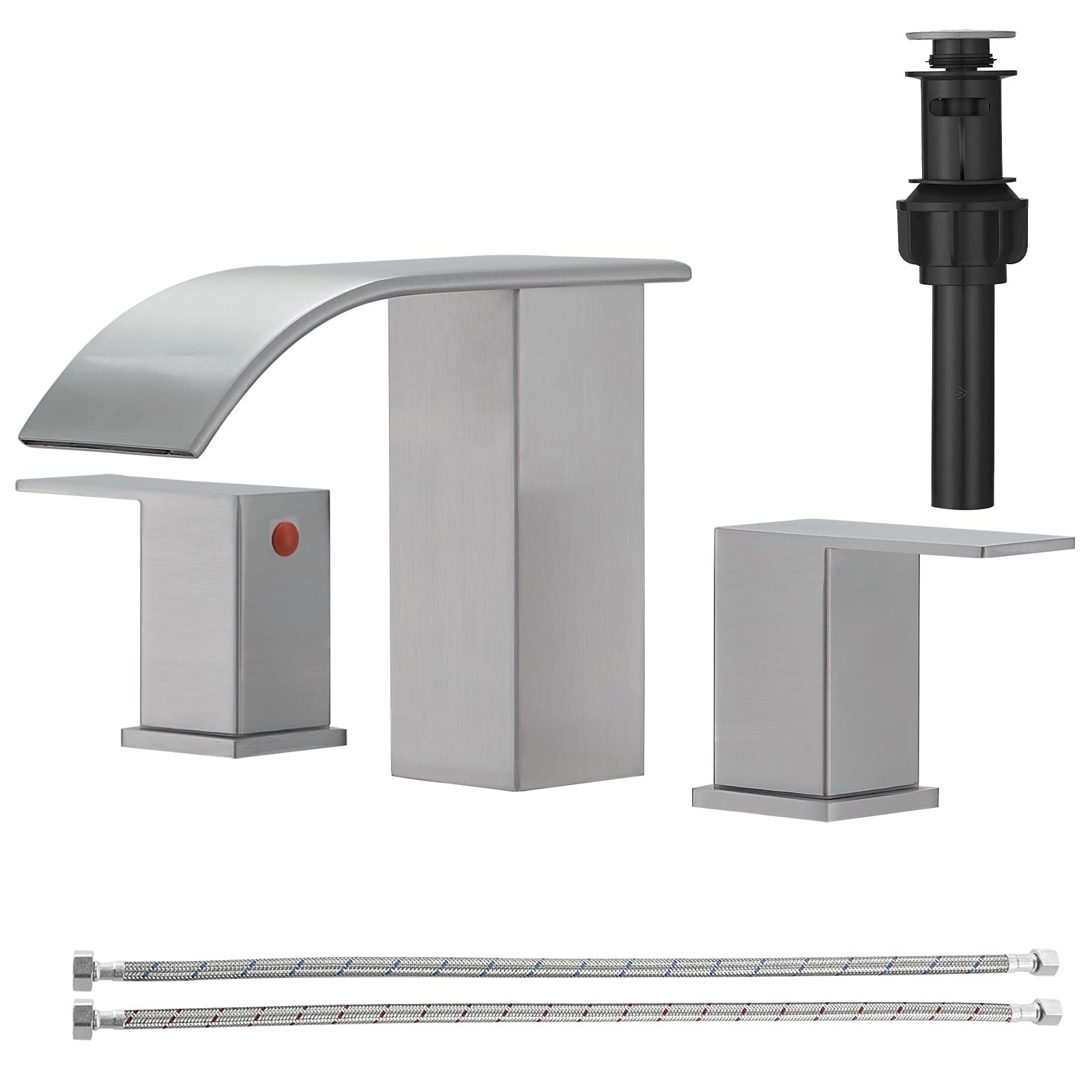 RUMOSE 8 inch Bathroom Faucets Set Brushed Nickel Bathroom Sink Faucet 3 Hole with Pop Up Drain Widespread 2 Handles Stainless Steel Lavatory Vanity Faucet Waterfall Spout Deck Mounted