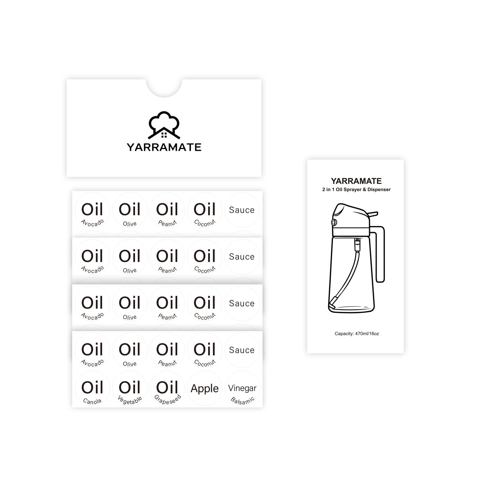 YARRAMATE 20 Labels for Oil Dispenser & Installation Guide, Stickers for Olive Oil, Sauce, and More