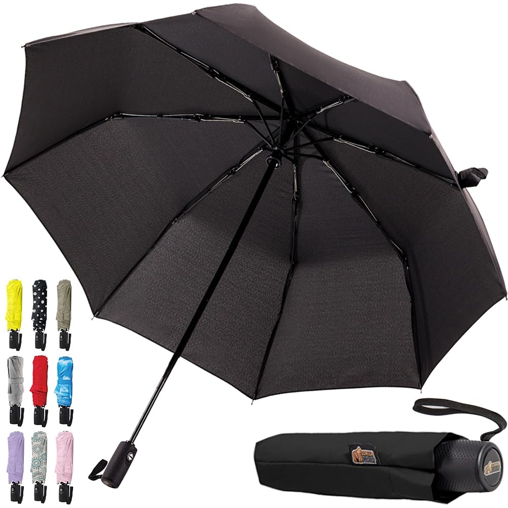 GORILLA GRIP Windproof Compact Stick Umbrella for Rain, Travel One-Click Automatic Open and Close, Lightweight, Portable, Strong Reinforced Fiberglass Ribs, Easily Collapsible, Black