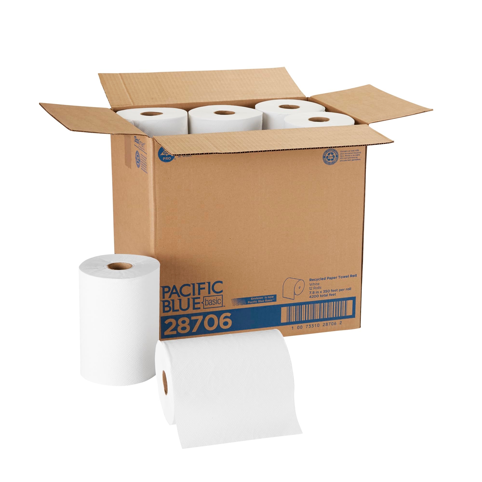 Pacific Blue Basic Paper Towel Rolls by GP PRO (Georgia-Pacific), White, 28706, 350 Feet Per Roll, 12 Rolls Per Case
