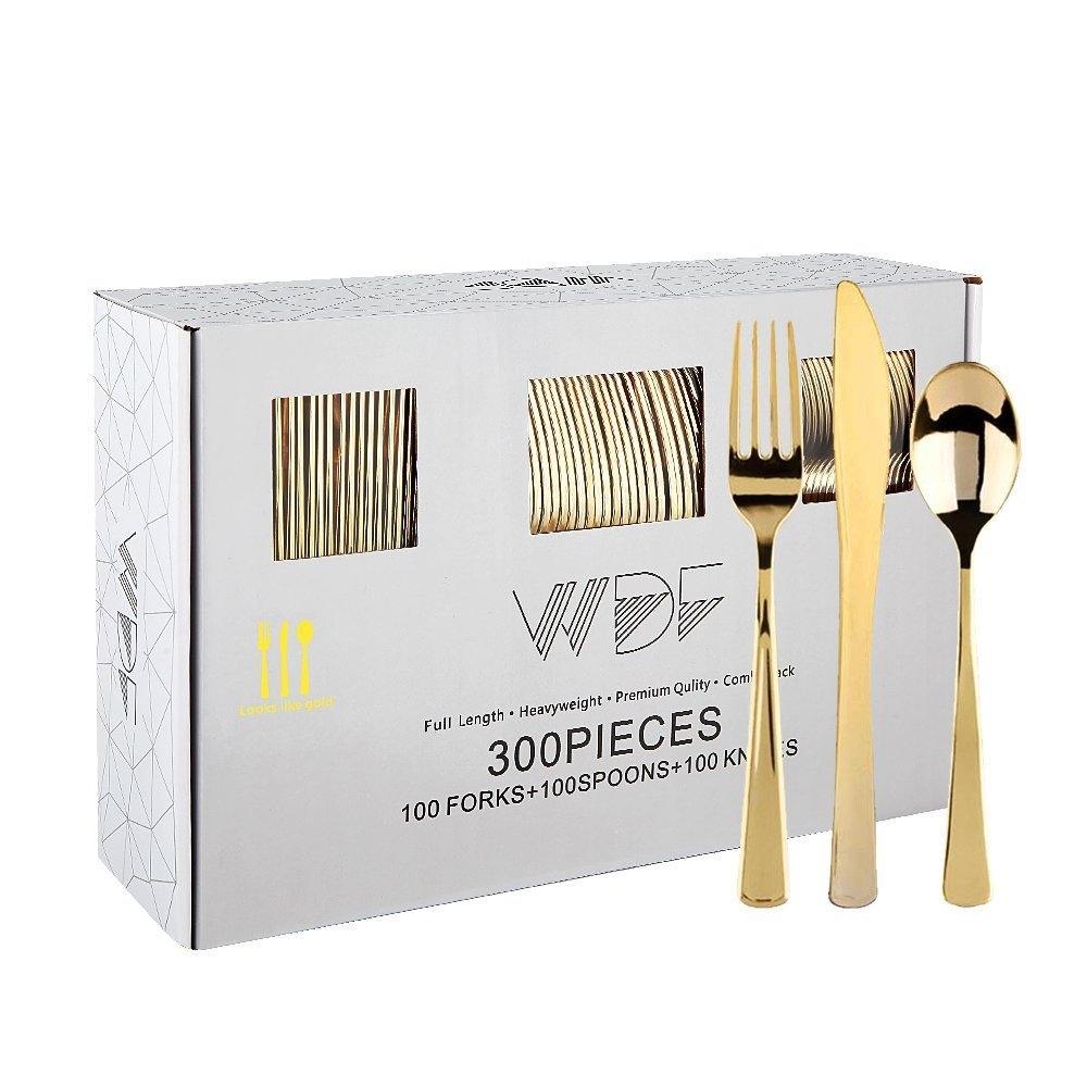 WDF300 Pieces Gold Plastic Silverware - Heavy Duty Disposable Gold Cutlery Set Plastic Gold Silverware Set Plastic Includes 100 Forks, 100 Spoons, 100 Knives for Party