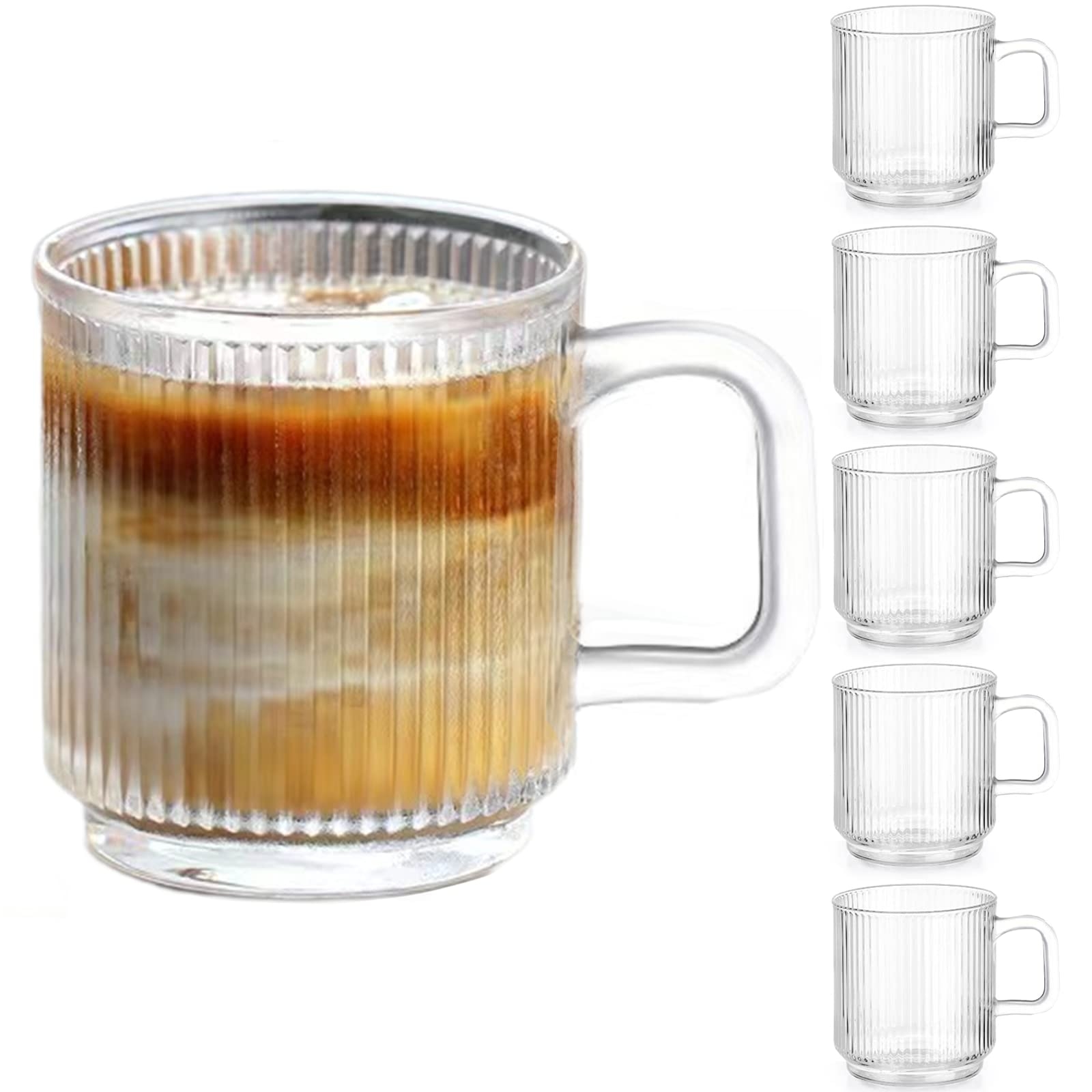Qipecedm 6 PACK Premium Glass Coffee Mugs with Handle, 12 OZ Classic Vertical Stripes Glass Coffee Cups, Transparent Tea Cup for Hot/Cold Beverages, Glassware Set for Americano, Latte, Cappuccino
