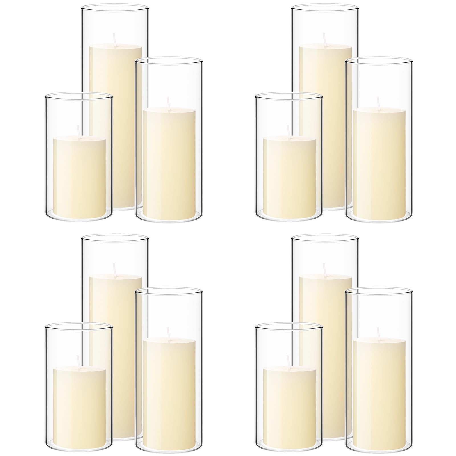 Shihanee Set of 12 Pillar Candles and Glass Cylinder Vases Clear Cylinder CandleHolders for Slim Pillar Candles Wedding Centerpieces(2.6''x 4.7'', 5.9'', 7.9'',Ivory White)