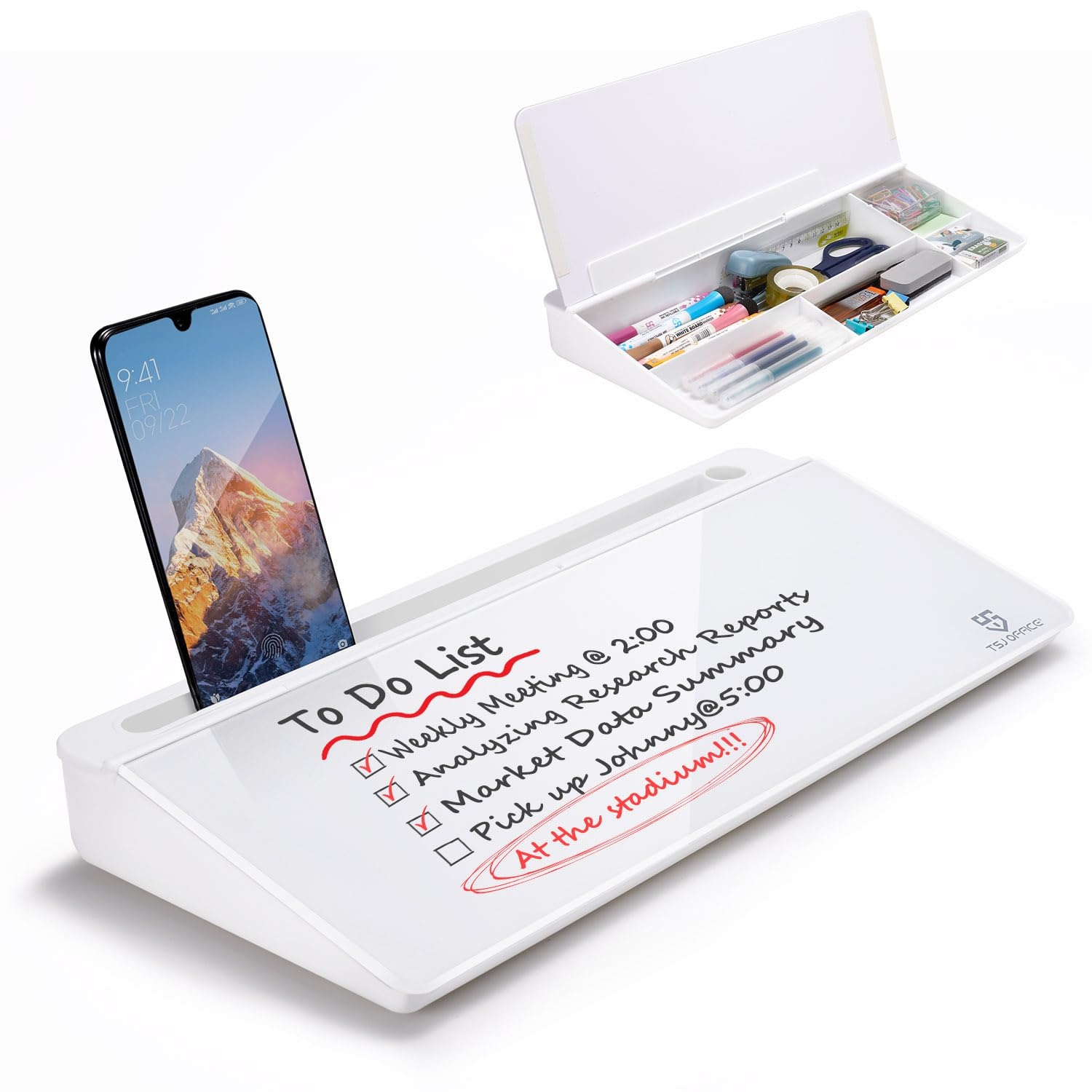 Small Glass Desktop Whiteboard Dry-Erase-Board - Computer Keyboard Stand White Board Surface Pad with Drawer, Desk Organizers with Accessories for Office, Home, School Supplies